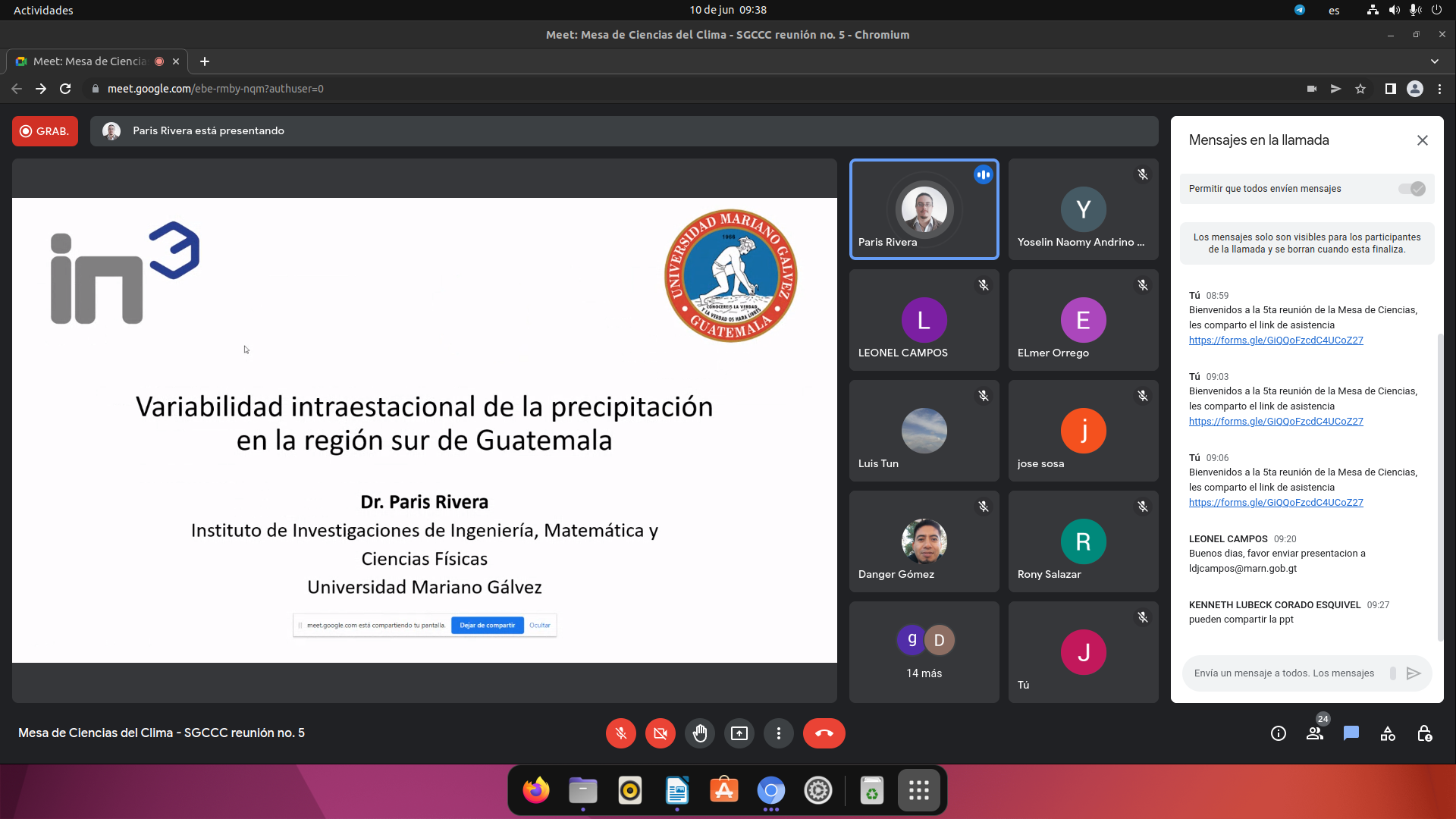 Captura de pantalla de la Presentación sobre Variabilidad intraestacional de la lluvia en la Región Sur de Guatemala